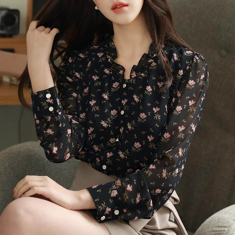 雪纺衬衫女秋冬2025年新款设计感小众时尚洋气小衫长袖碎花上衣女