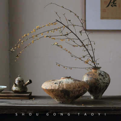 侘寂风复古粗陶小花瓶新中式高级感客厅酒店粗陶罐陶瓷插花器太素