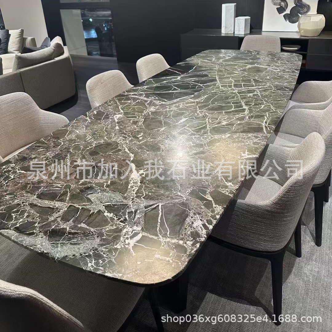 墨绿色奢石意式岛台餐桌天然大理石异形石材台面茶几