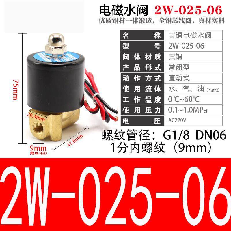 2W025-06黄铜DN06二位二通电磁阀 水阀 AC220C DC24V 全铜1分牙
