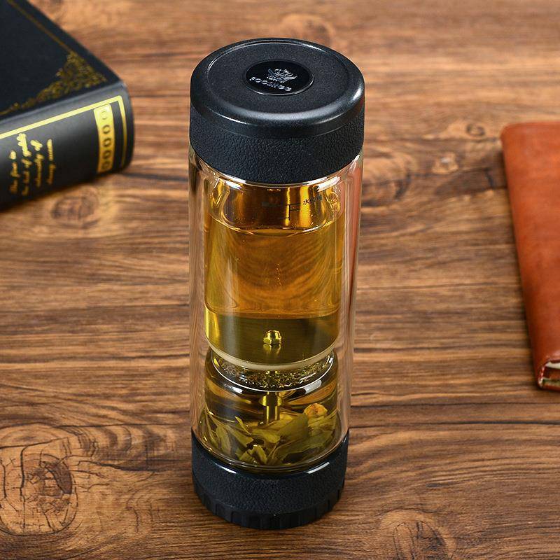 商务双头旋转开关茶水分离泡茶杯双层隔热透明玻璃杯高档礼品杯子