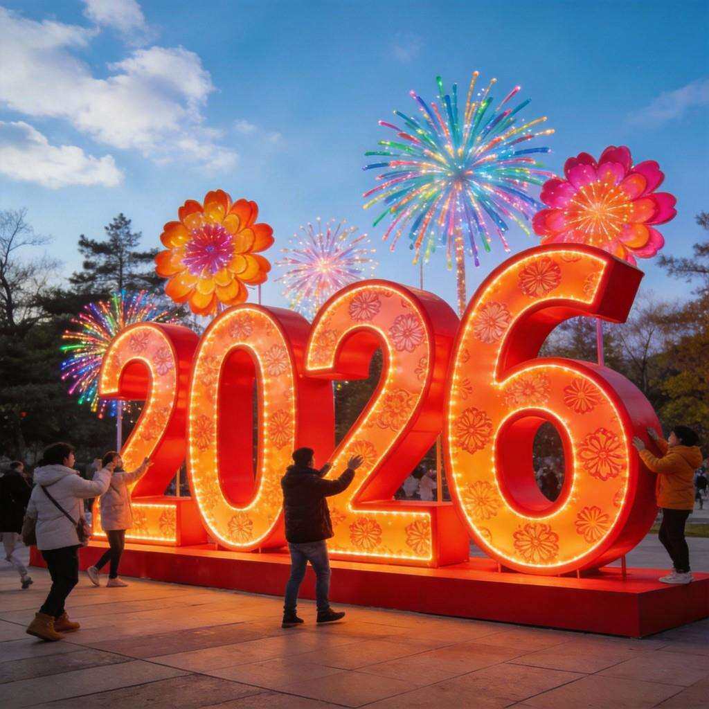 2026马年春节数字造型灯新年快乐铁艺装饰灯户外商业街景区灯亮化