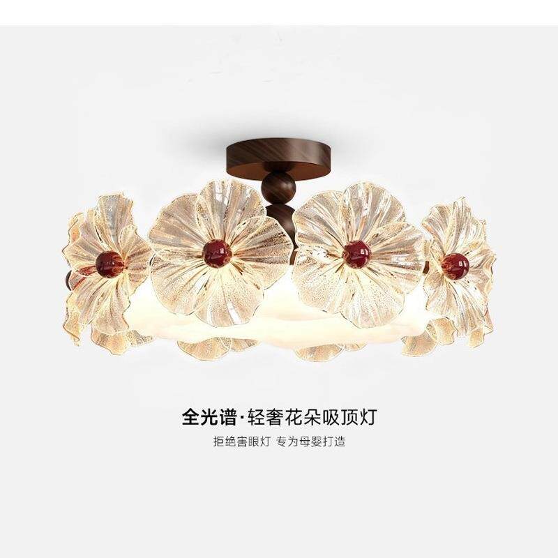 中古卧室吸顶灯轻奢漂亮花朵主卧房间灯2025新款玻璃餐桌餐厅吊灯