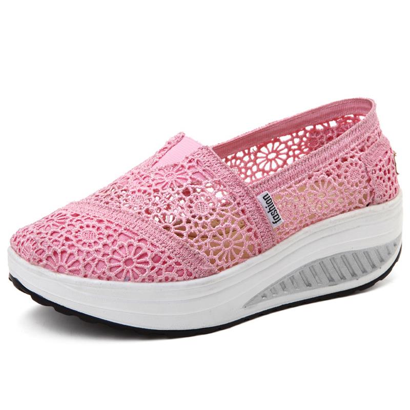 高档春季摇鞋女鞋摇运气镂空透蕾丝网鞋休闲动鞋子女士厚底健步妈