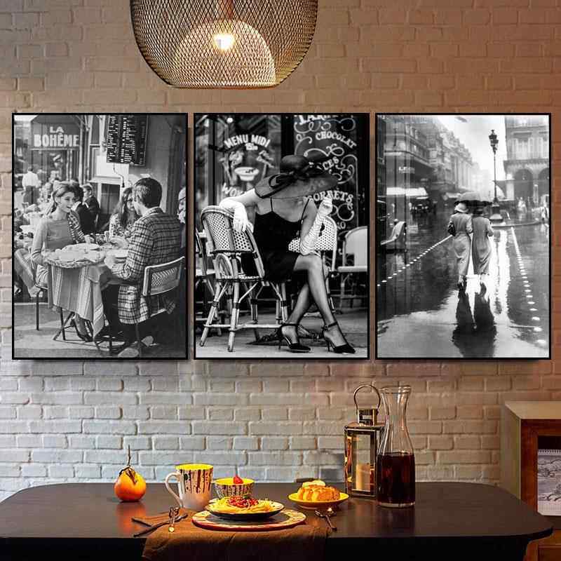巴黎街景黑白人物装饰画咖啡厅时尚优雅气质美女挂画西餐厅墙壁画