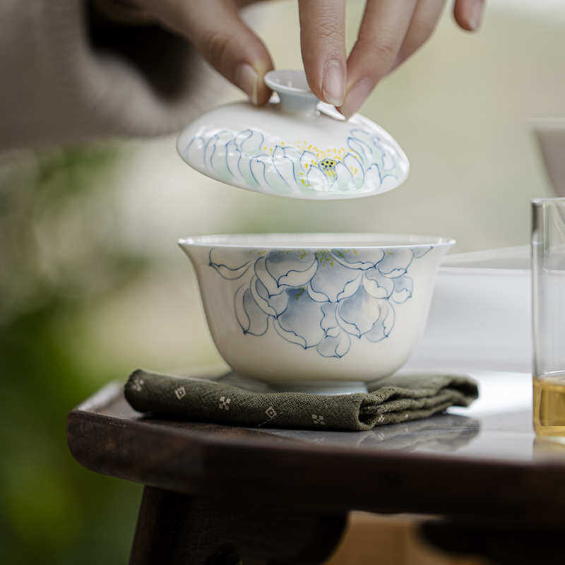 墨己釉下莲花家用盖碗功夫茶具玉泥薄胎陶瓷青花素雅新中式泡茶碗