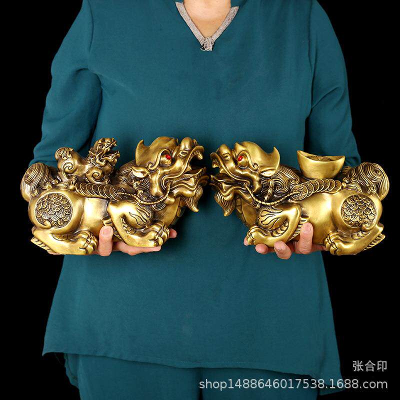 纯铜金钱貔貅摆件一对驮元宝铜皮丘家居玄关摆设办公室工艺品