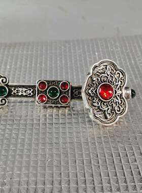 打榜直播间做旧苗银如意红绿宝石如意富贵吉祥白铜如意大摆件把件