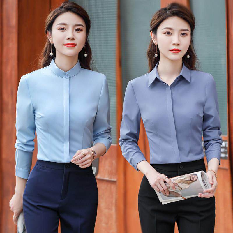 职业方领衬衫女长袖职业装修身气质立领衬衣工装面试百搭上衣正装