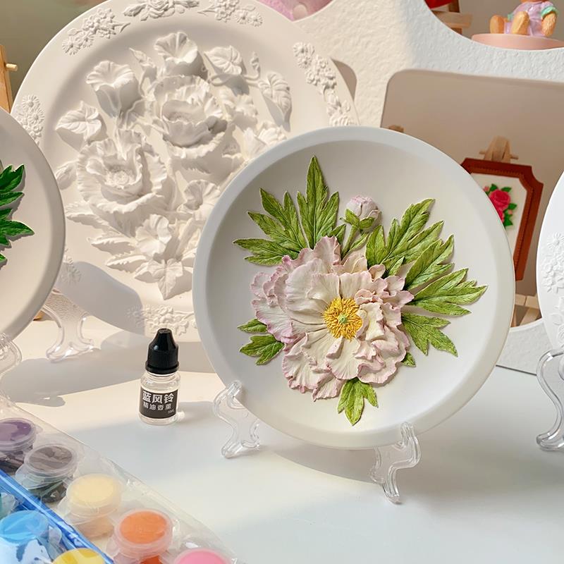 石膏白胚浮雕画立体牡丹花盘手工diy彩绘涂色客厅摆件家居装饰画