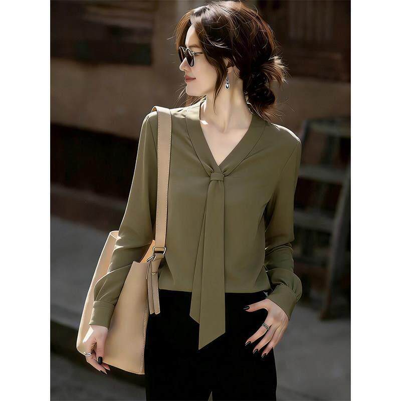 高档轻奢法式V领飘带长袖衬衫女士新款通勤风穿搭高级感显瘦上衣