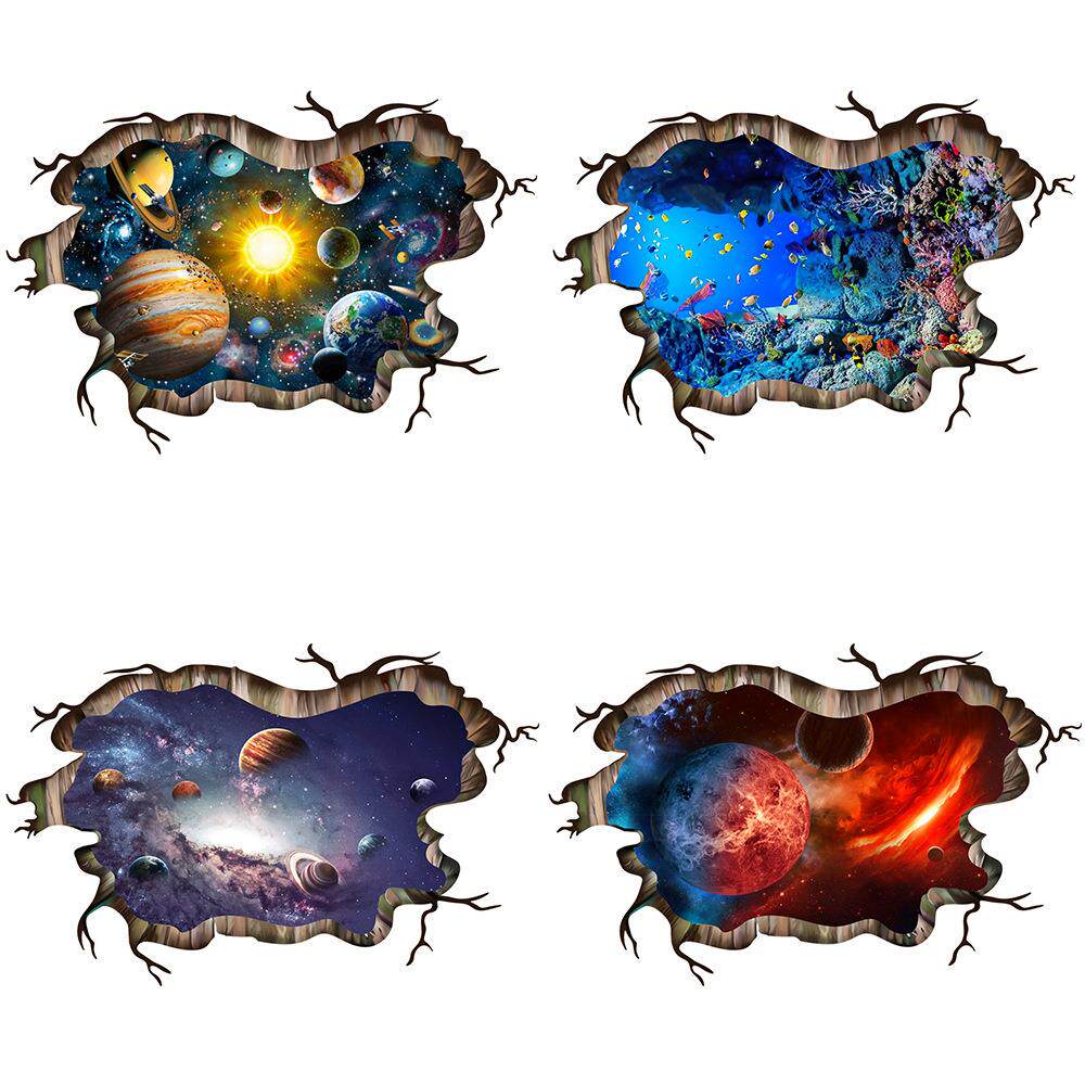 80*120cm大尺寸3D立体破墙宇宙星球墙贴天花板地面贴PVC自粘贴纸