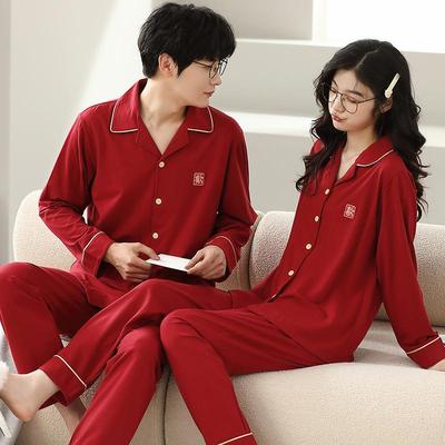 大色情侣睡衣春秋DCD纯棉结婚男女士翻年领套装命夏季长袖本家红
