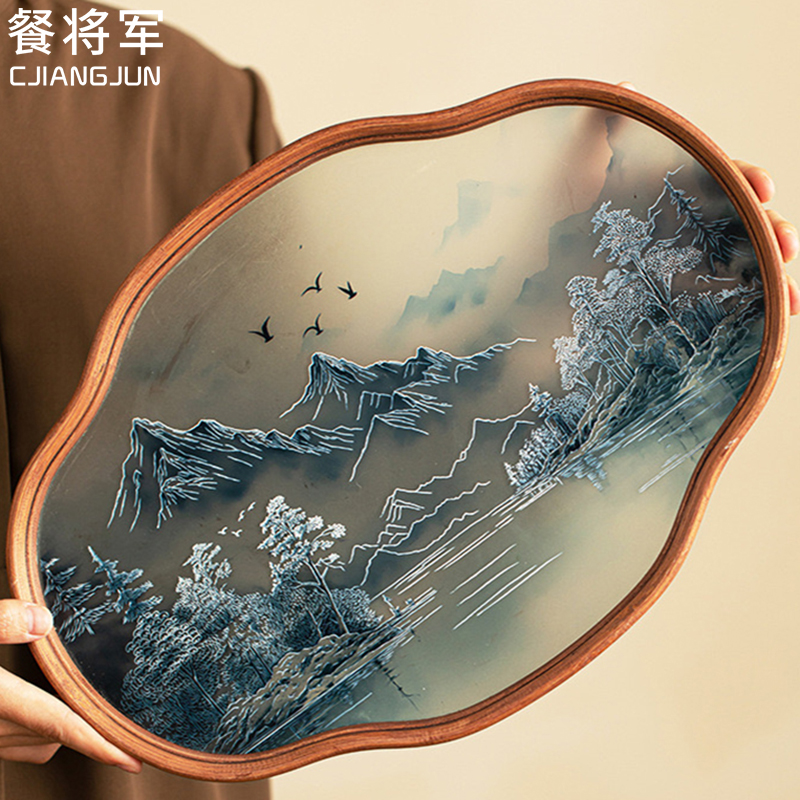 玻璃茶盘2025新款客厅家用高档托盘复古竹制干泡台茶海水果点心盘