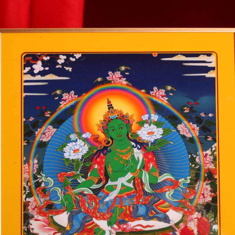 藏式绿度母铂金实木烤漆相框摆件挂画装饰画家用十相自在唐卡图