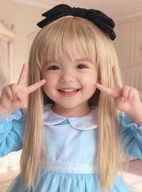 Children's wig girl, cute beige long hair with bangs,
