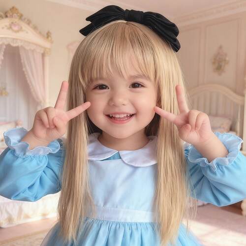 Children's wig girl, cute beige long hair with bangs,