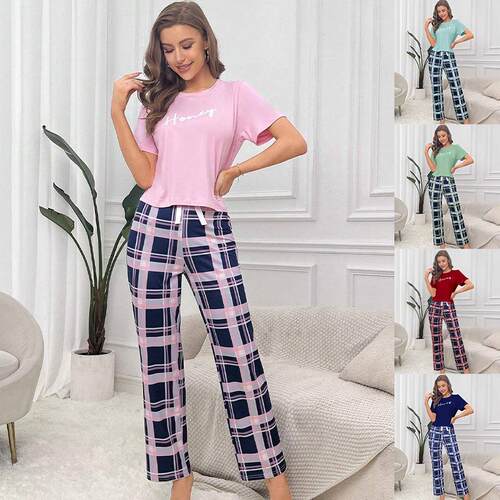 Short sleeved checkered cropped pants women's home