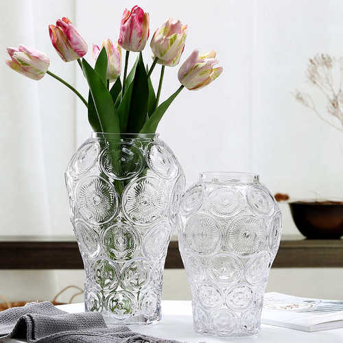 高级感复古浮雕玻璃花瓶创意大肚水晶插花客厅软装饰摆件花瓶