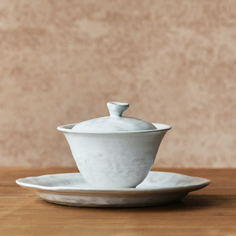 粉引日式手作粗陶盖碗 功夫茶具套装泡茶碗 禅意陶瓷日用盖碗茶杯