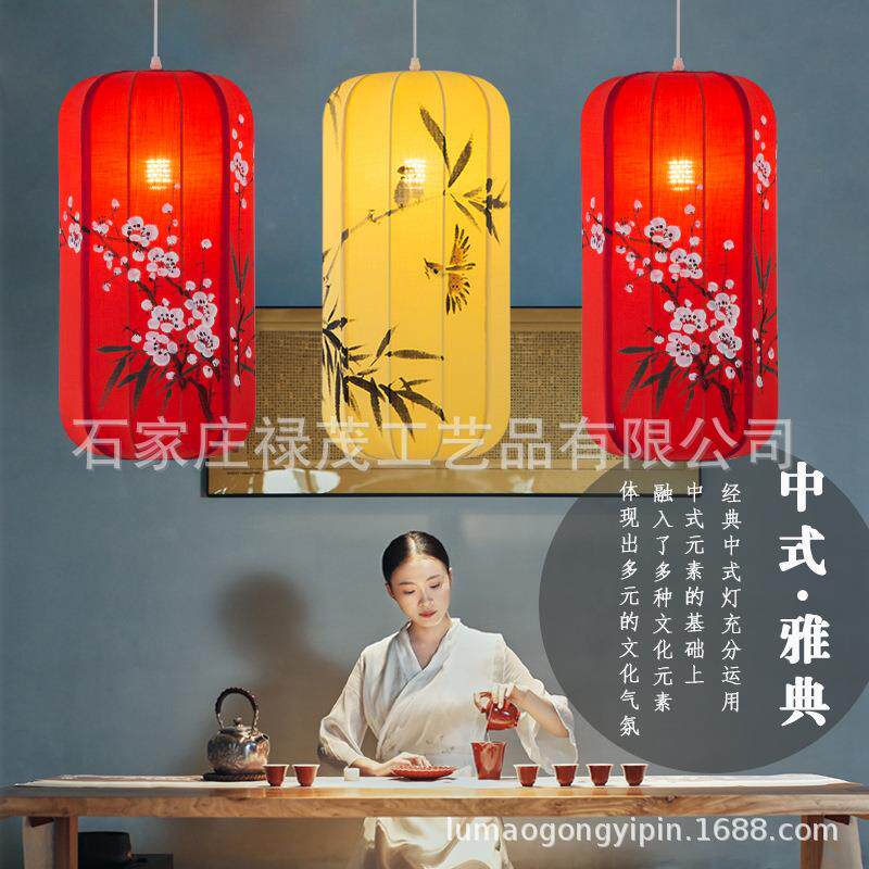 中式布艺手绘灯笼仿古典宫灯餐厅茶楼过道冬瓜长形吊灯具新中式