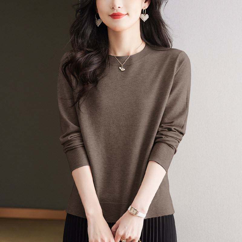 中年妈妈春秋新款圆领毛衣女宽松加大码纯色百搭针织衫打底上衣