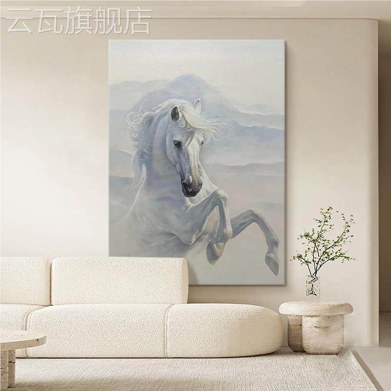 大芬油画村马到成功纯手绘油画客厅超写实装饰画玄关白色动物挂画
