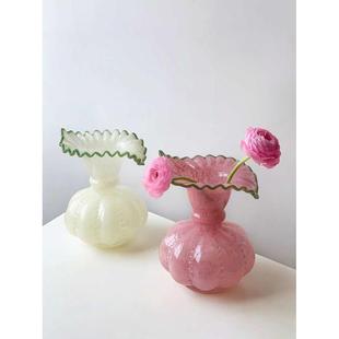 中古芬顿 饰摆件 法式 复古不规则波浪花瓶手工家用琉璃花瓶装