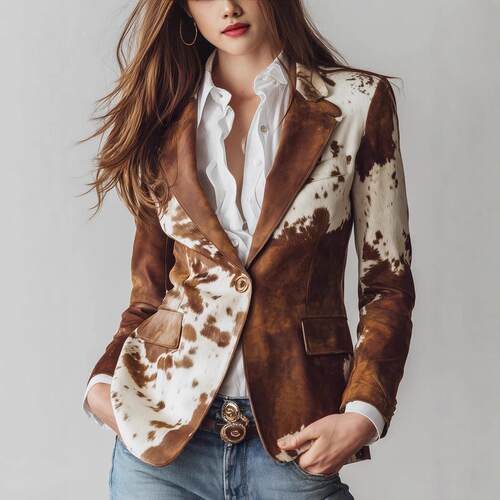 Vintage Cow Skin Print EcoFriendly Suede Blazer Women s