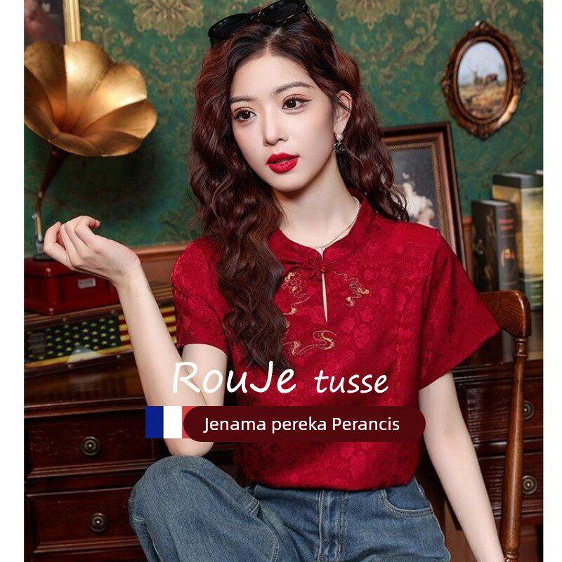 Rouje tusse新中式国风红色上衣短袖女高级感刺绣t恤盘扣提花小衫