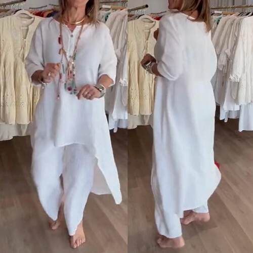 Women's Cotton Linen Set Casual Plus Size Long Top Wide Leg