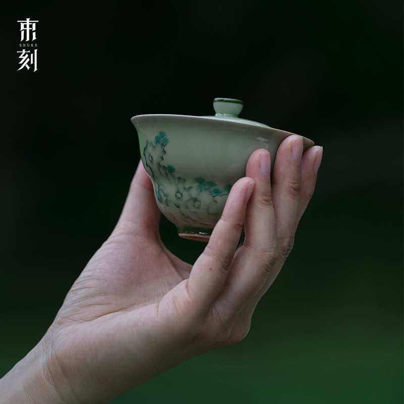 粉彩刻烫手下不手工觅苍翠束太湖石盖碗 薄胎绽放手绘葫芦青釉