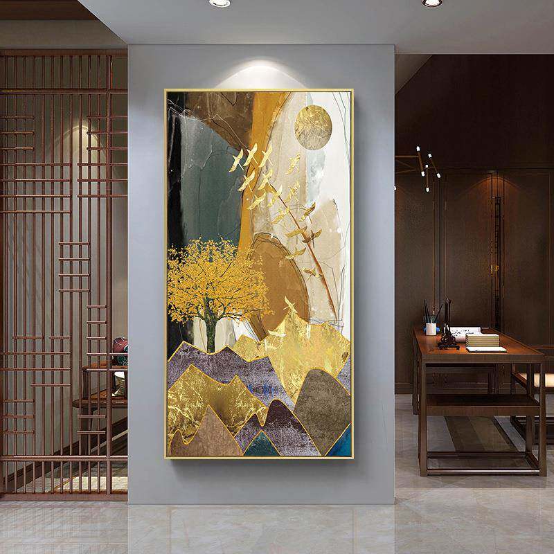 新中式玄关装饰画发财树壁画大气过道竖版墙壁画现代简约客厅挂画