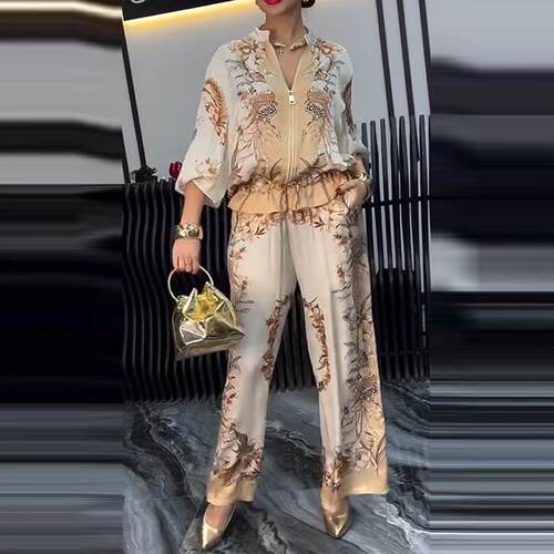 Printed top and pants set for women印花上衣长裤套装女