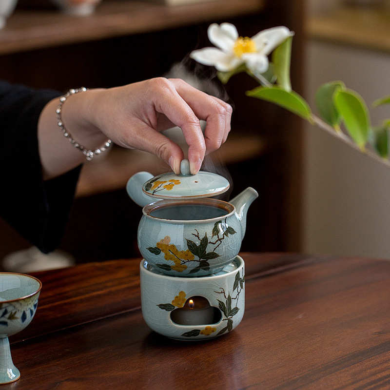 冰裂手绘枇杷温茶炉套装温茶器陶瓷家用暖茶炉蜡烛加热保温底座