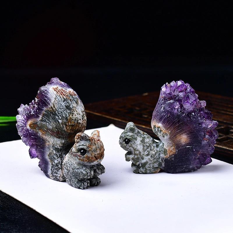 乌拉圭天然紫水晶簇小松鼠摆件菊花晶原石雕刻家居客厅装饰品