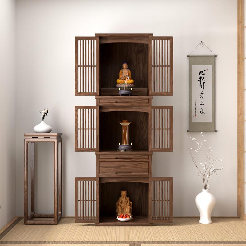 三层带门佛龛黑胡桃木新中式实木家用立柜佛柜佛台祖先菩萨神龛