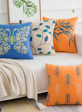 科技布橙色高端刺绣抱枕套美式方形现代北欧沙发抱枕靠垫客厅靠枕