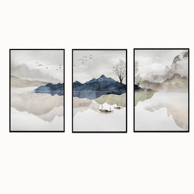深圳大芬油画村客厅装饰画新中式背景墙挂画中国风沙发三联画茶室