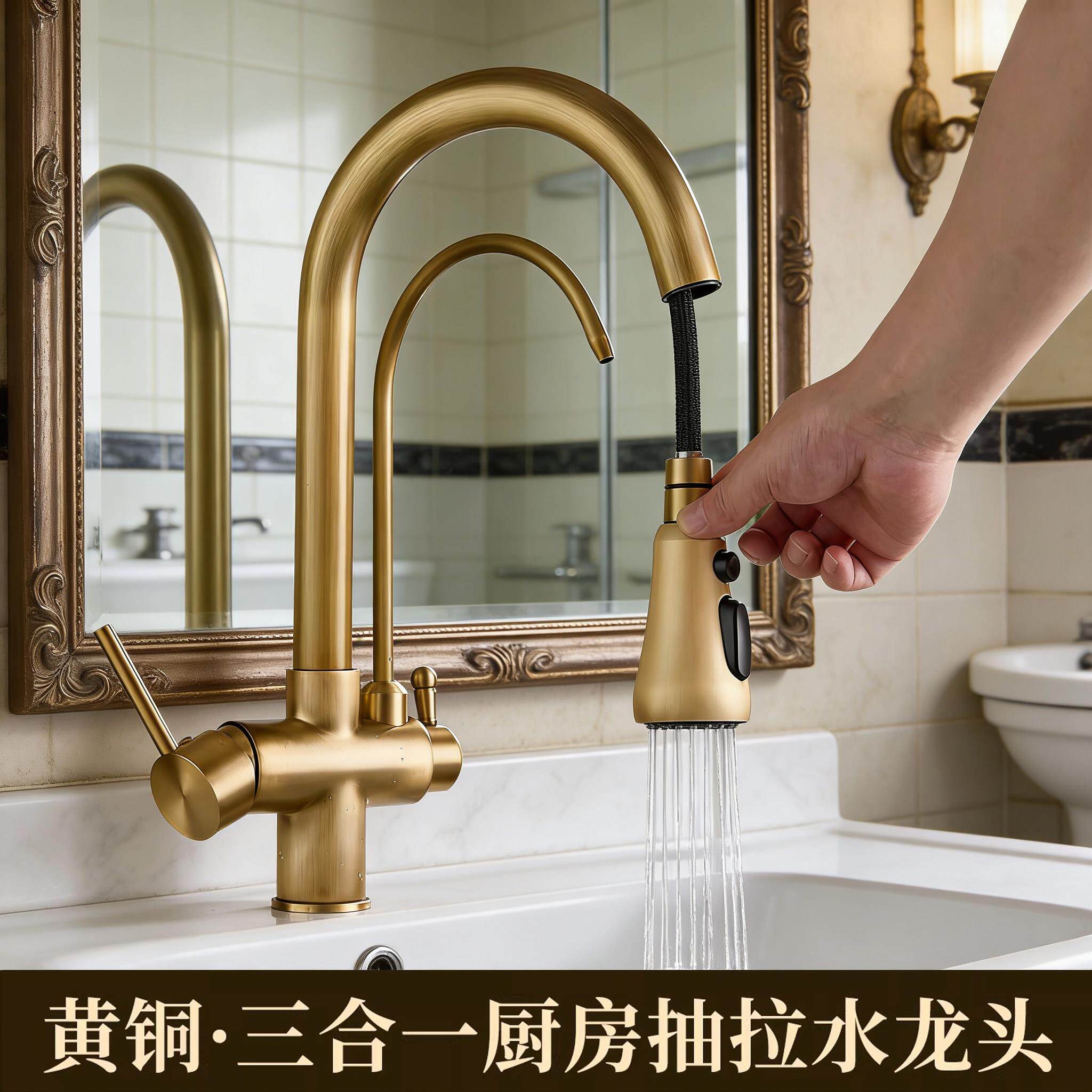 美式全铜水笼头厨房三合一净水龙头抽拉式水槽洗菜盆冷热直饮彷古