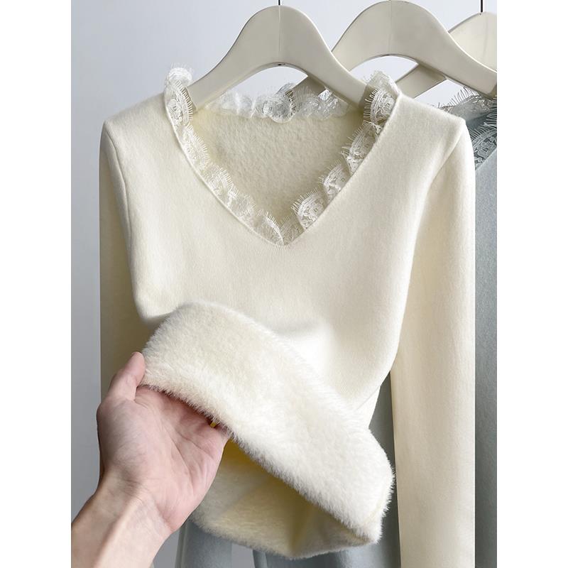 V领蕾丝针织打底衫女加绒加厚一体绒内搭新款秋冬洋气长袖上衣冬