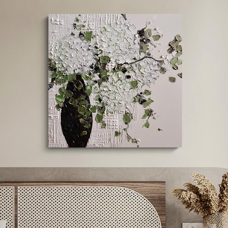 白色绣球花纯手绘油画客厅餐厅装饰画抽象花卉玄关法式中古风挂画