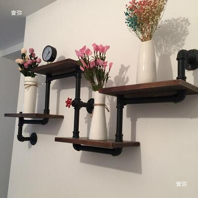 古工业水管置tfgsd$*&复架铁艺书架架墙上花实木搁板装饰物壁挂创