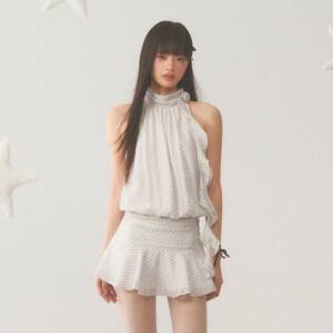 weekendhub挂颈洋装女夏季无袖短裙法式辣妹设计感气质波点裙子