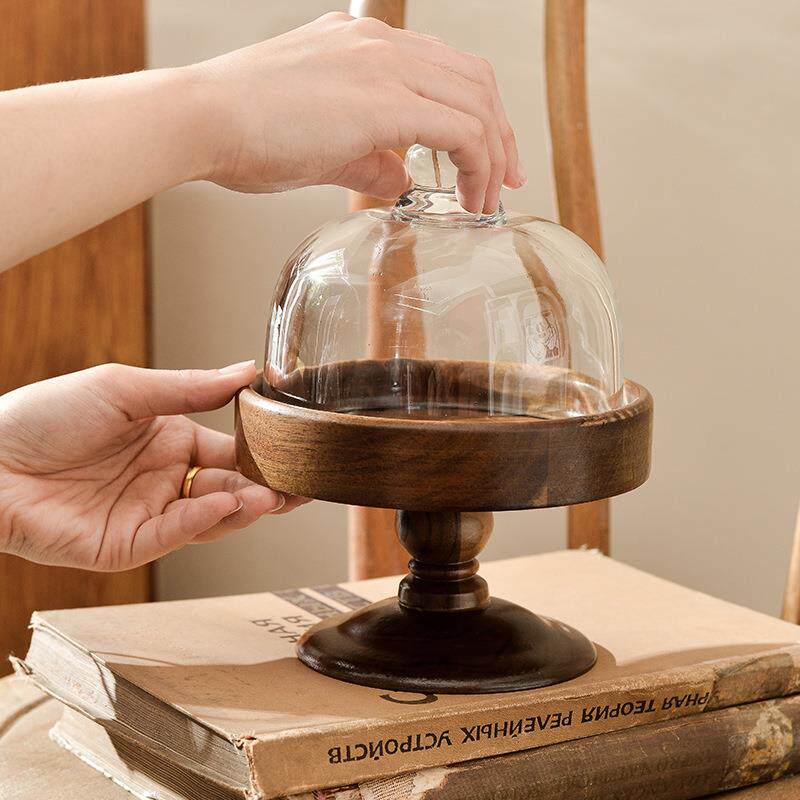 家用客厅蛋糕木质托盘相思木果盘玻璃罩防尘点心甜品台水果盘