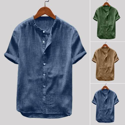 Men's standing collar short sleeved cotton shirt sales