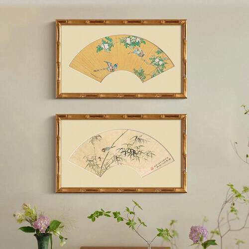 法式复古客厅扇形装饰画新中式餐厅挂画中古风竹子节节高卧室壁画