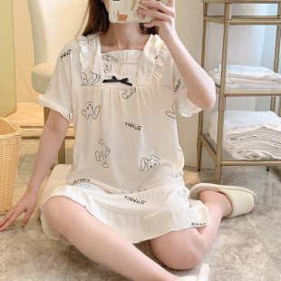 家居服薄 泡泡棉短袖 睡裙女夏季 韩版 宽松甜美少女公主风睡衣中长款