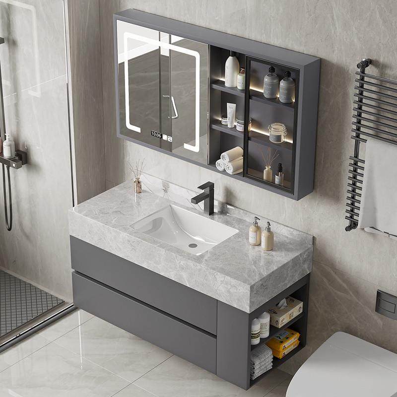 现代岩板浴室柜岩板无缝陶瓷一体盆灰色卫生间洗手洗脸边柜洗漱台