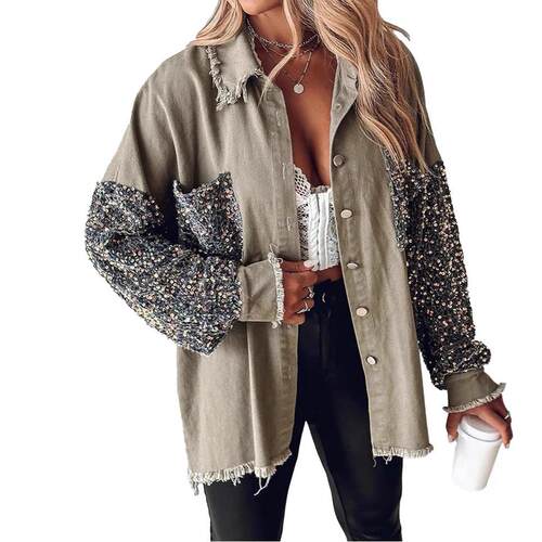 Women'S Sparkly Sequin Patchwork Denim Shacket Oversized